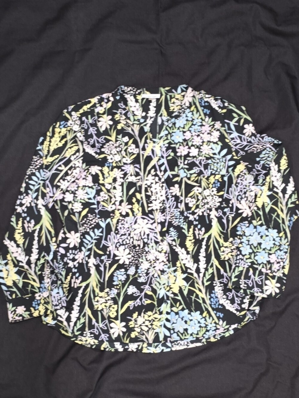 Calvin Klein SIZE XL Black Floral Blouse with Pastel Blooms